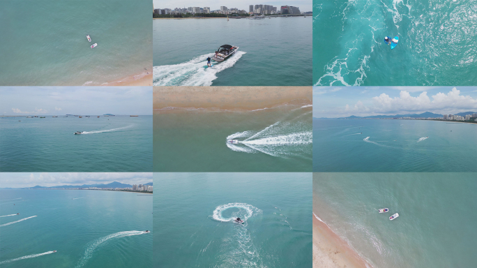 4K航拍海南三亚宣传海边海上摩托艇游艇