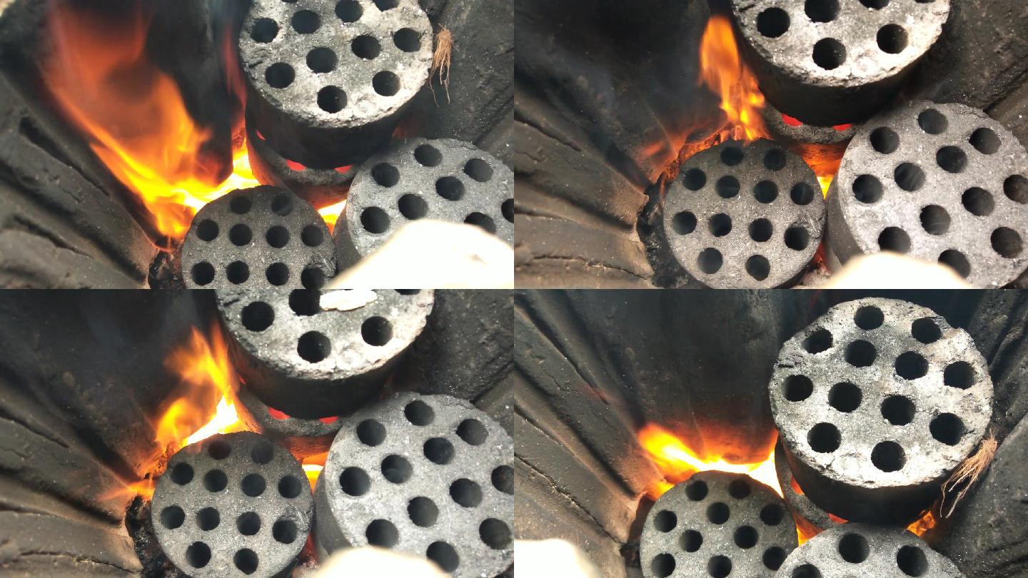 煤球升火煤炭烧火火苗煤球火苗煤球