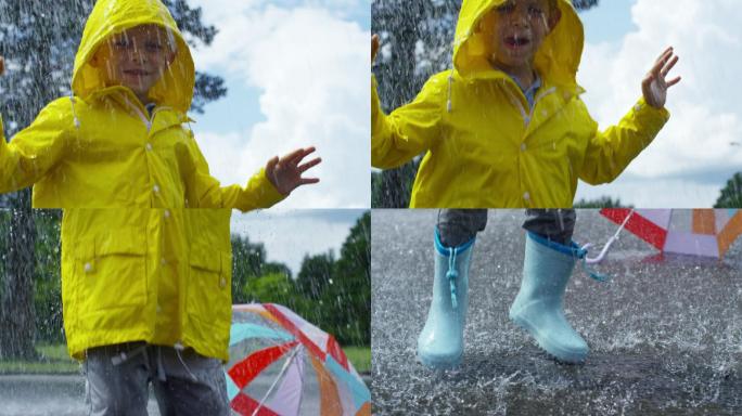 在水坑里跳的男孩小男孩经历风雨风吹雨打