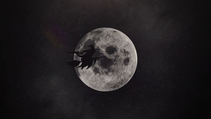 一个女巫骑着扫帚在月亮前面飞行