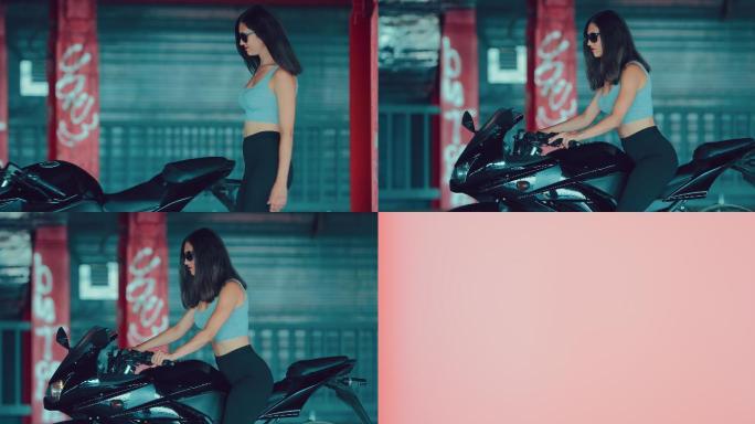女孩走近一辆运动摩托车。