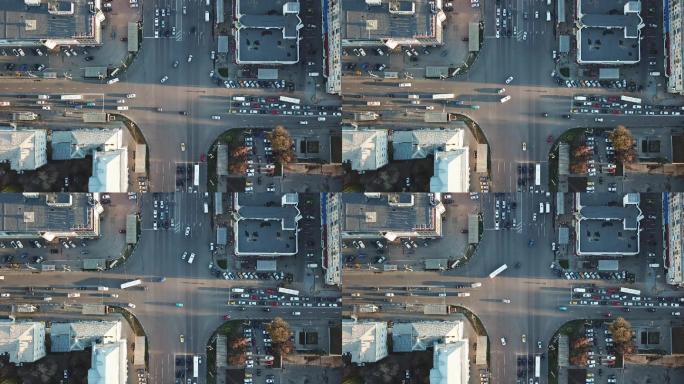 无人机拍摄的道路交叉口和停车场俯视图