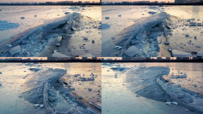 冬季湖面冰裂隆起航拍视频