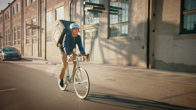 食品快递员骑着自行车在路上为客户递送订单