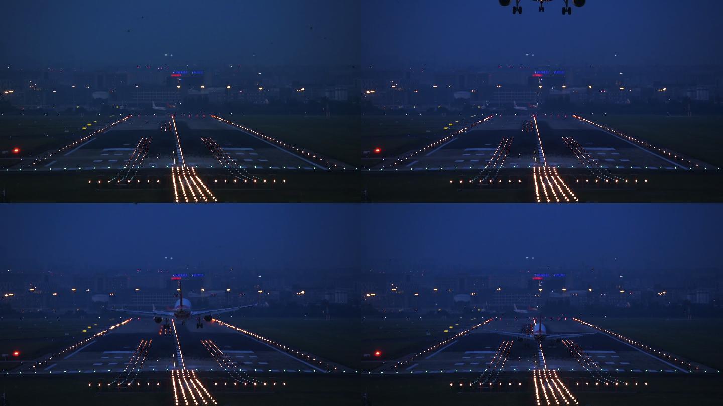 商用飞机夜间降落在成都机场。