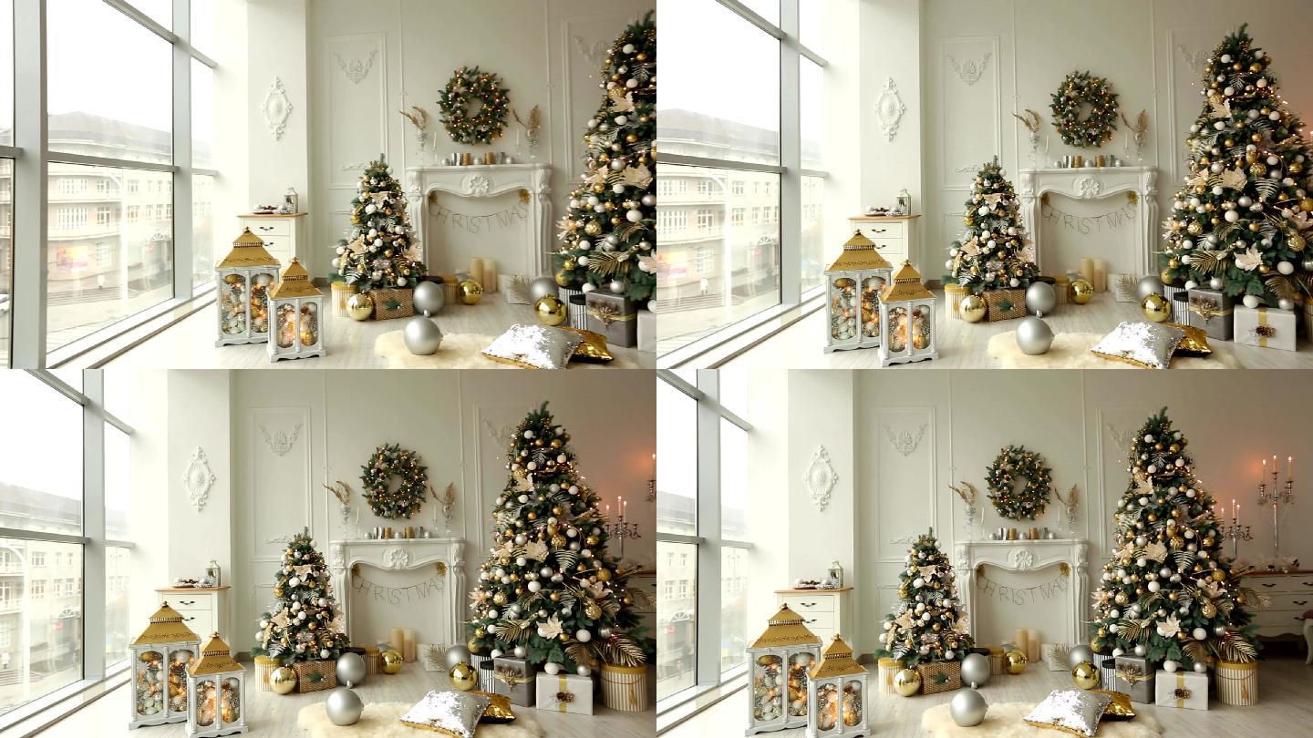 室内圣诞树上挂满了金色的装饰