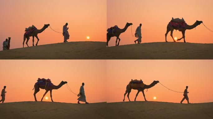 日落时分，沙丘上的人带着骆驼的身影。