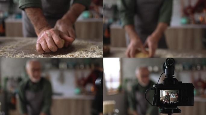 在录制视频的老人幸福家庭美好生活厨房家务
