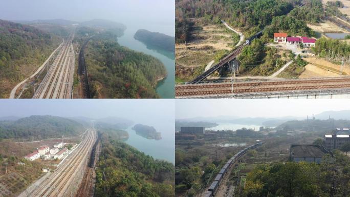 4K多场景航拍湘桂铁路永州市段列车运行