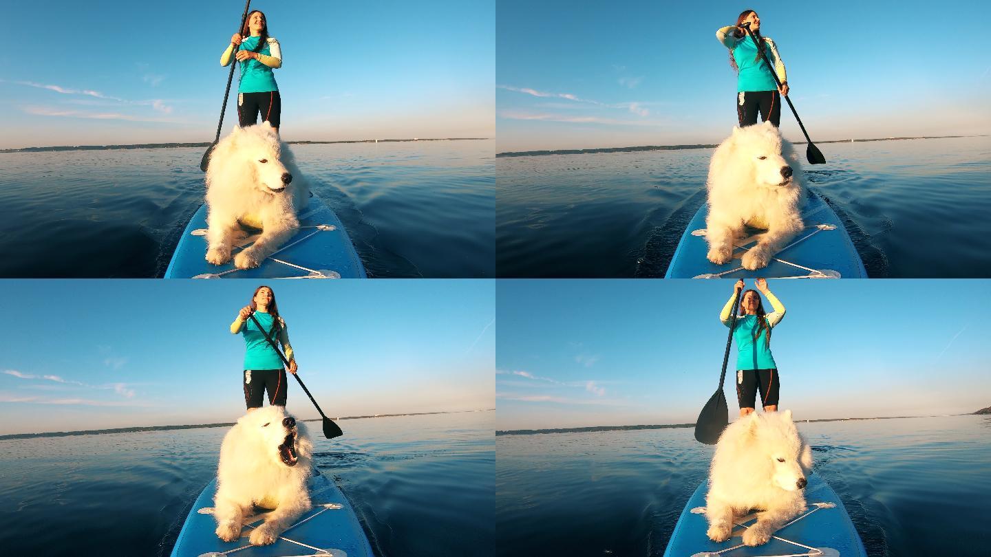 女子和狗狗一起划桨