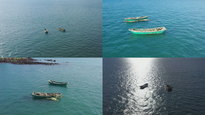 4K航拍剪影小渔船海面漂浮