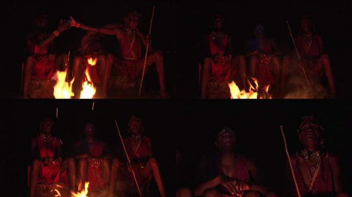 马赛族勇士在夜间表演传统舞蹈