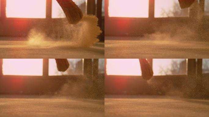 当人们清洁地面时扬起灰尘