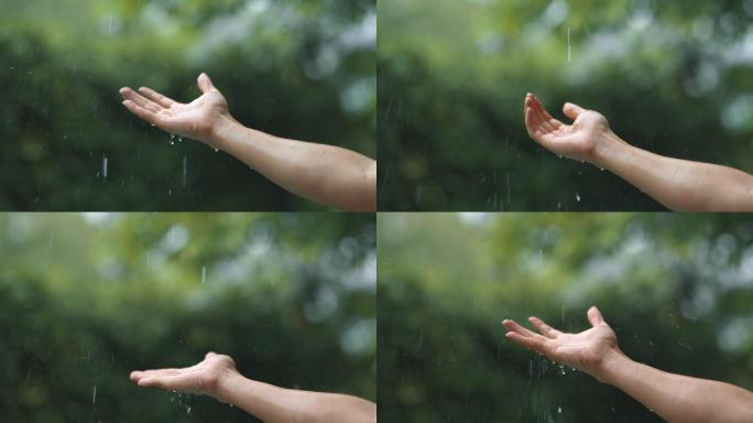一只手上沾满了雨滴。