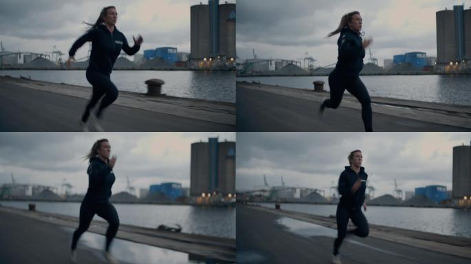 年轻快跑运动员奔跑女人快跑海边凌晨训练