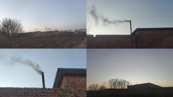 农村冬天 烟筒 冒烟  烧煤碳 污染