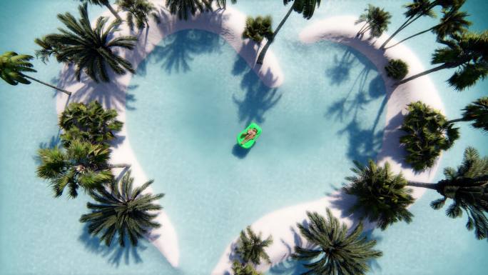 情侣岛3d动画航拍俯瞰情人节游客