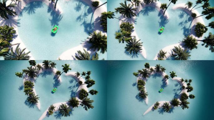 情侣岛3d动画航拍俯瞰情人节游客