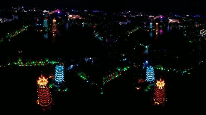 桂林夜景日月双塔航拍