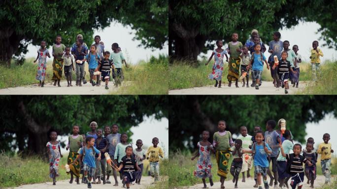 一群非洲孩子在道路上奔跑