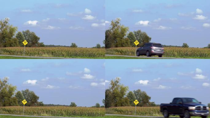 道路上行驶的汽车乡间小路玉米地道路指示牌
