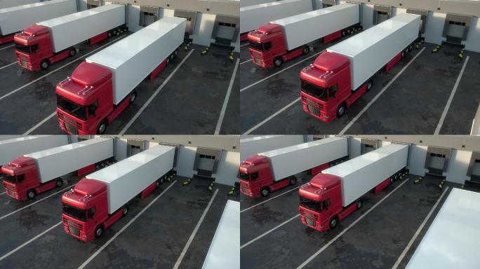 红色半拖车卡车停靠在仓库装货码头上。