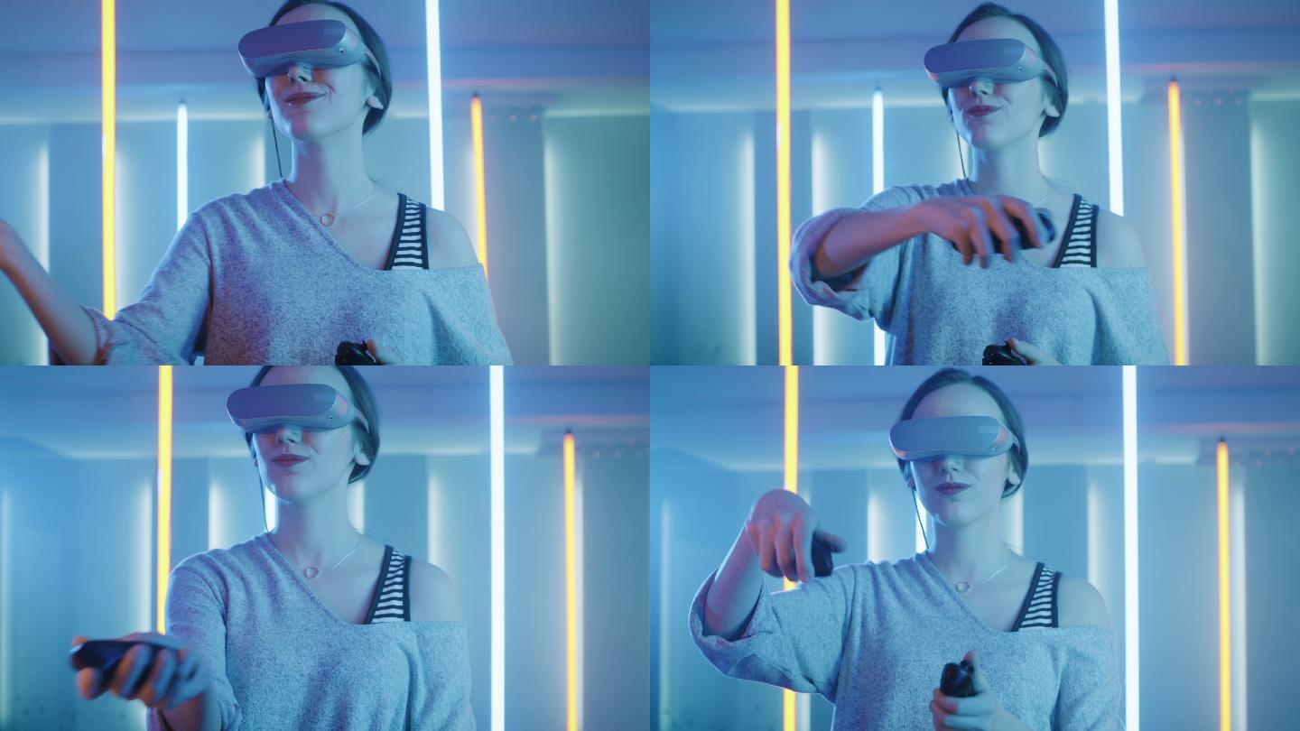 戴着虚拟现实眼镜的少女用操纵杆绘制着
