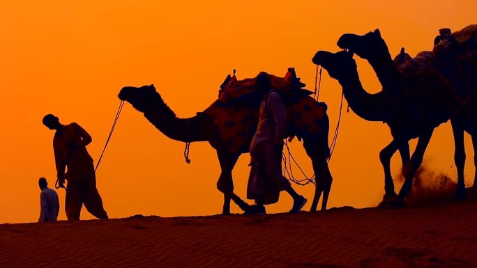 骆驼队伍剪影大漠荒漠戈壁行走穿越丝绸之路