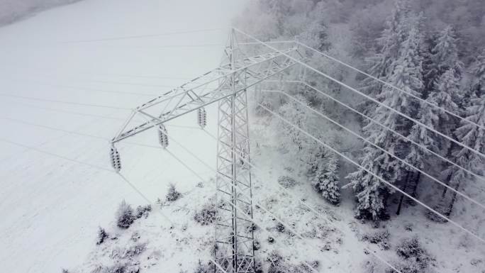 山景中一根结了霜的电线杆。