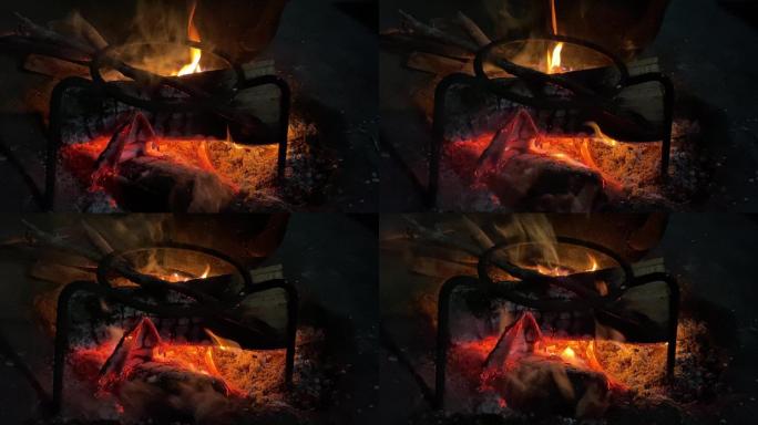 冬季农村温暖时光最简易碳火烤火取暖烧开水