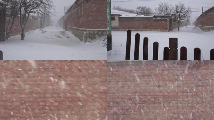 农村乡村大雪远景砖瓦房 小院 木门