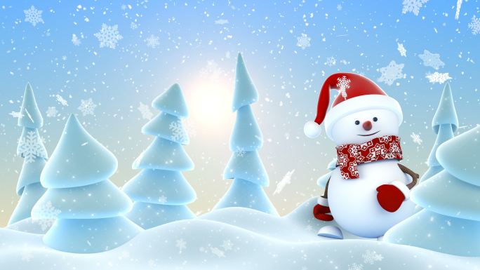 雪人戴着红色圣诞老人帽的3d卡通动画。