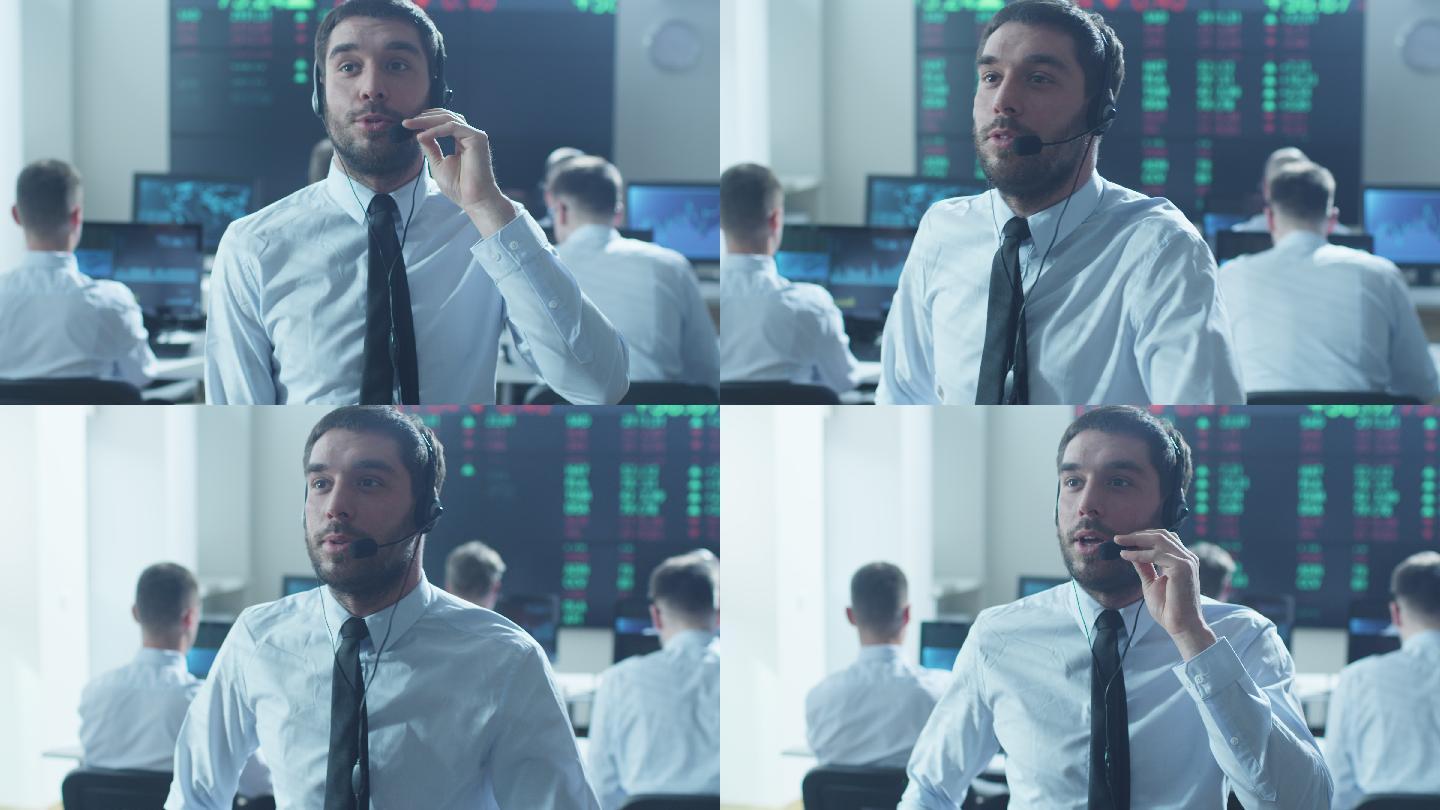 股票经纪人在证券交易所使用耳机交谈
