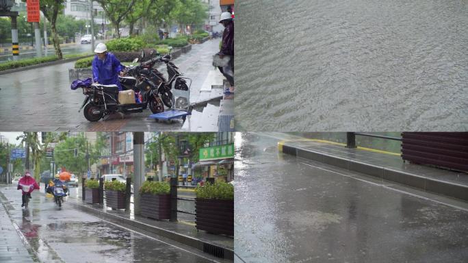 大雨中忙碌配送的骑手们