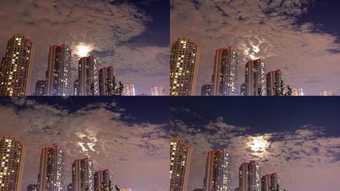 城市夜景月亮星星城市星空彩云追月变焦延时