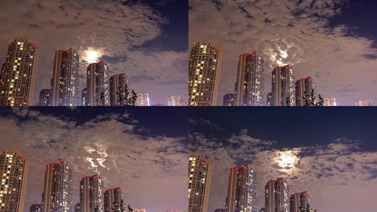 城市夜景月亮星星城市星空彩云追月变焦延时