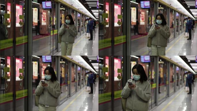 女孩走在地铁站形影孤单