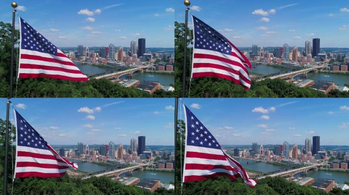 匹兹堡美国国旗飘扬城市风光CBD