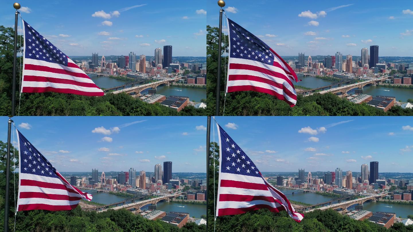 匹兹堡美国国旗飘扬城市风光CBD