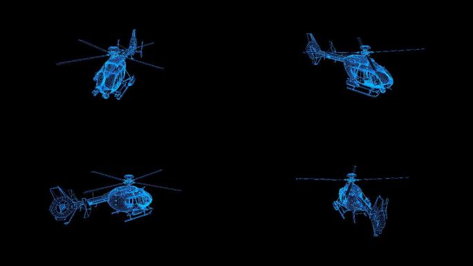 蓝色线框全息科技直升机动画素材带通道