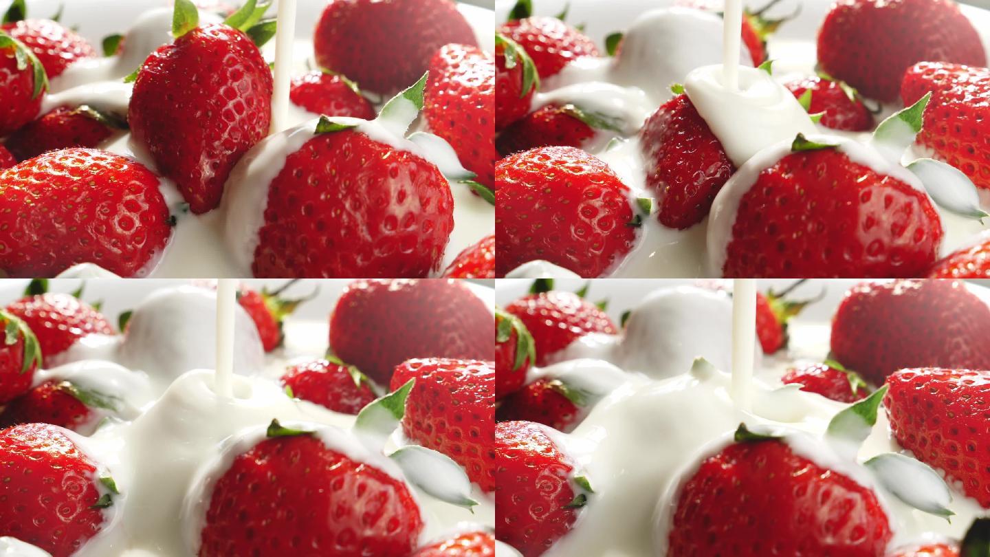将酸奶倒在草莓上奶油鲜奶果汁饮料广告空镜