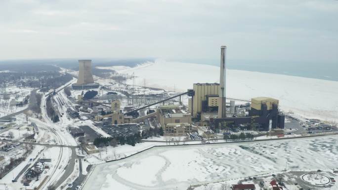 发电厂冬天冬季冰天雪地航拍