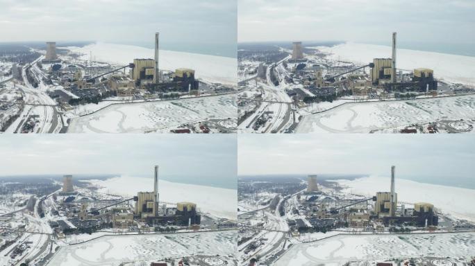 发电厂冬天冬季冰天雪地航拍