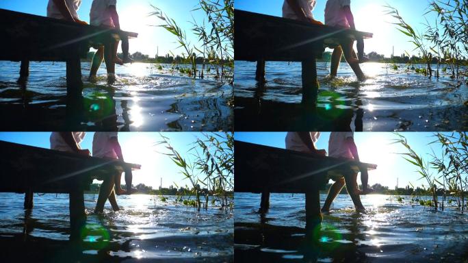 在湖边玩耍的父子父亲河流小河光脚玩水赤脚