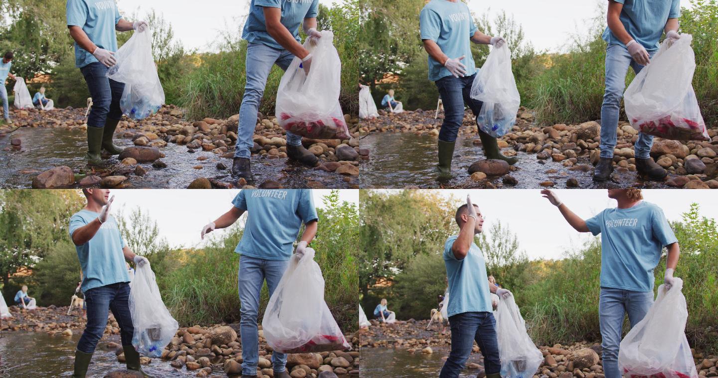 环境保护志愿服务环保捡垃圾清理河道小溪