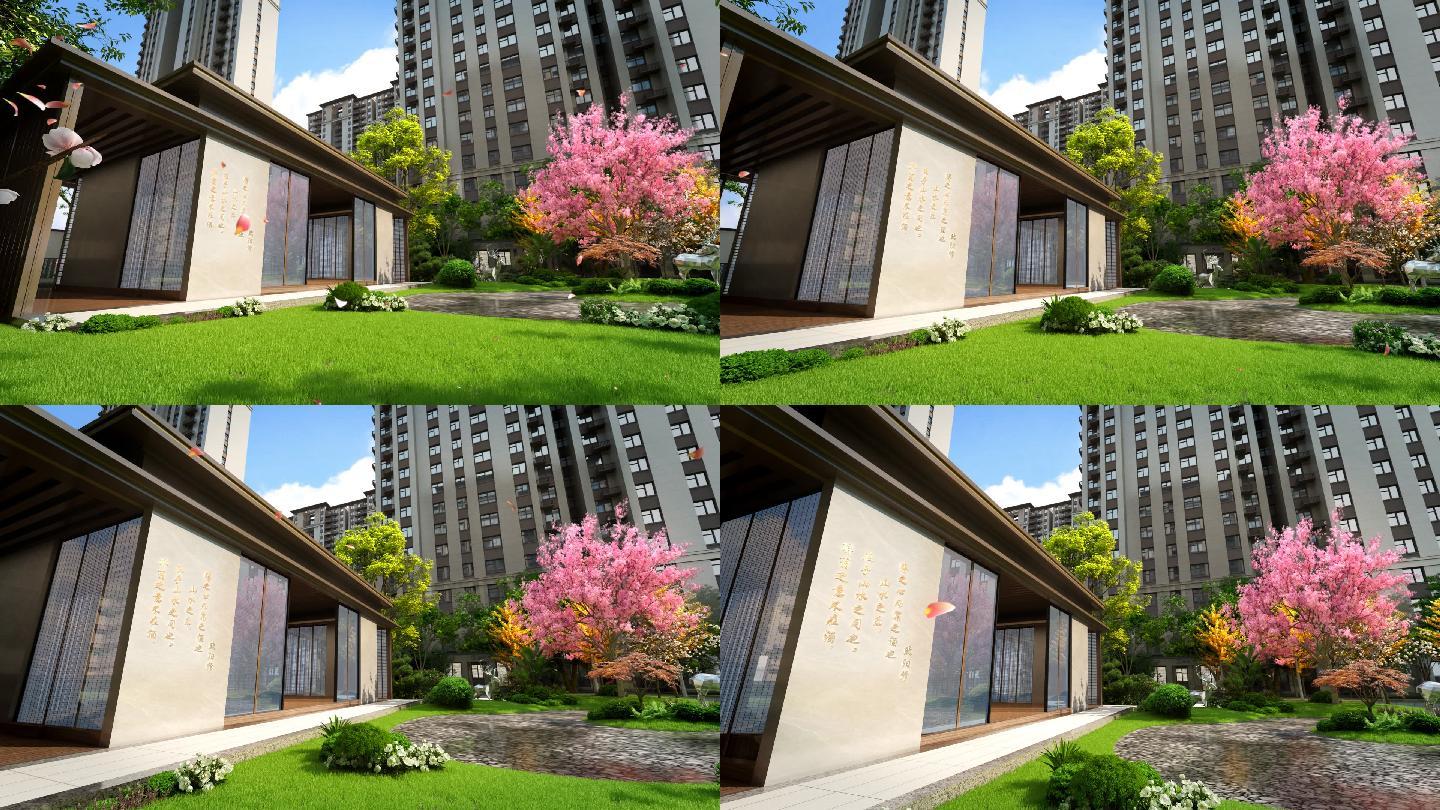 新中式房地产楼盘中心景观（春天）三维动画