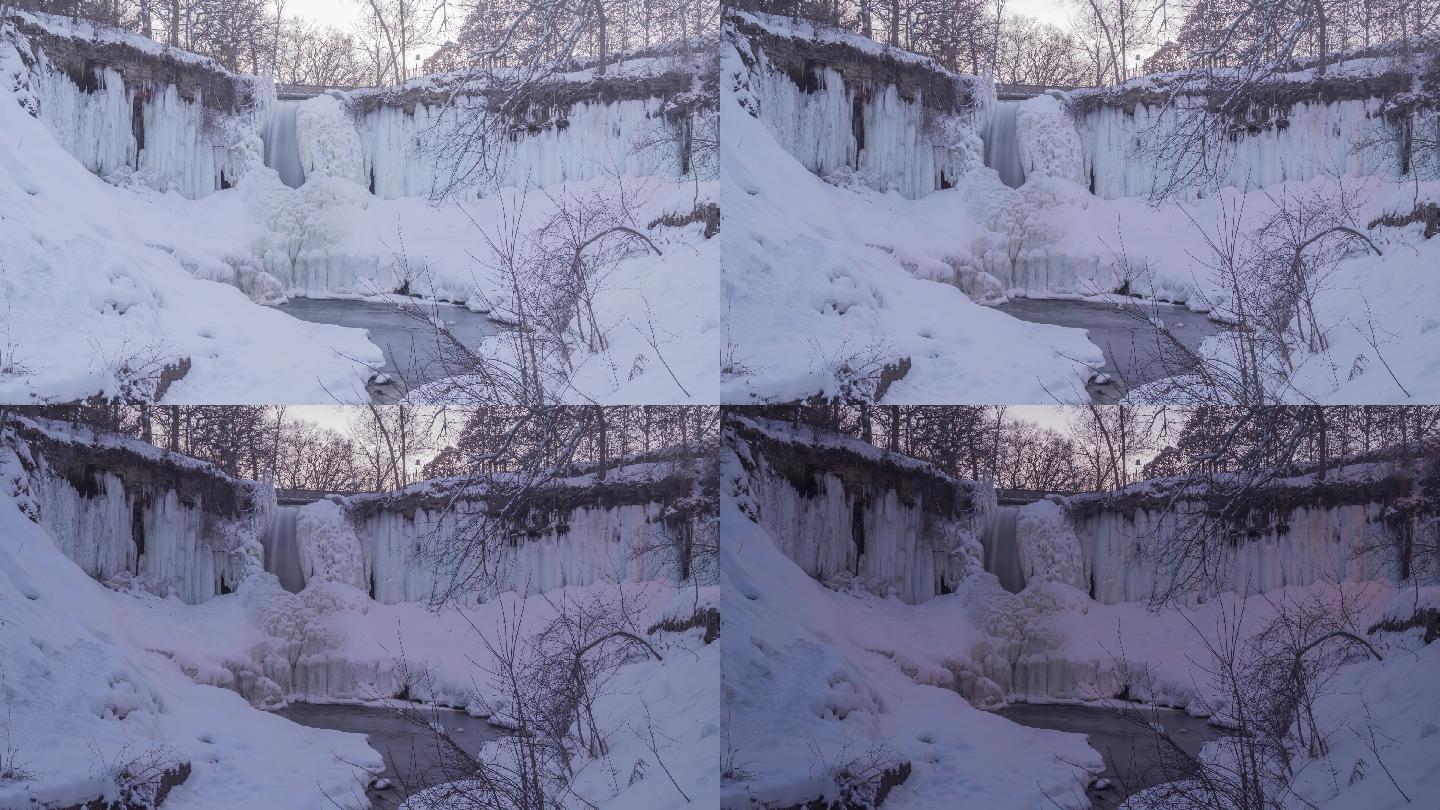 明尼阿波利斯明尼哈瀑布的冬季延时摄影