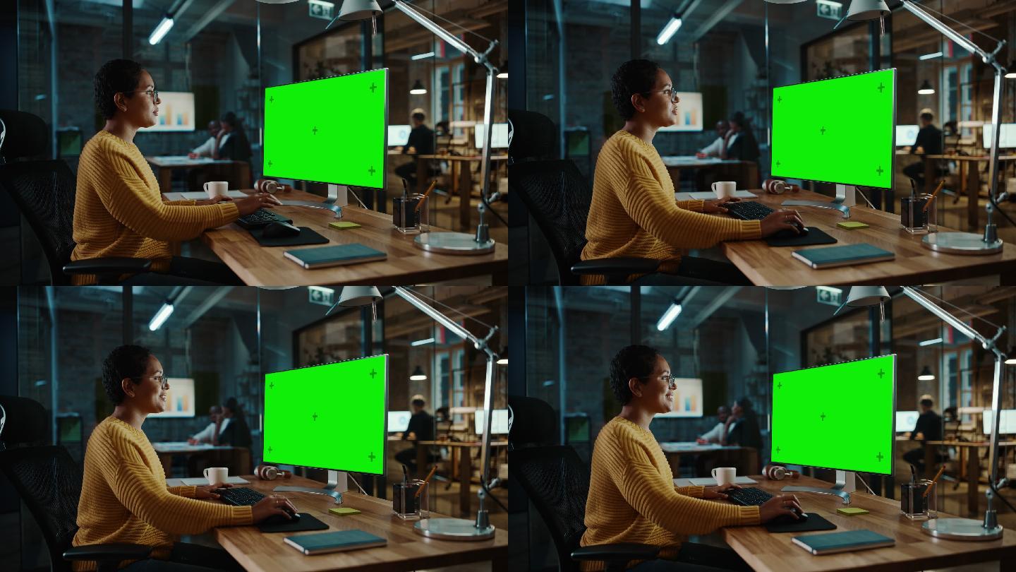 商人在绿色屏幕电脑上工作