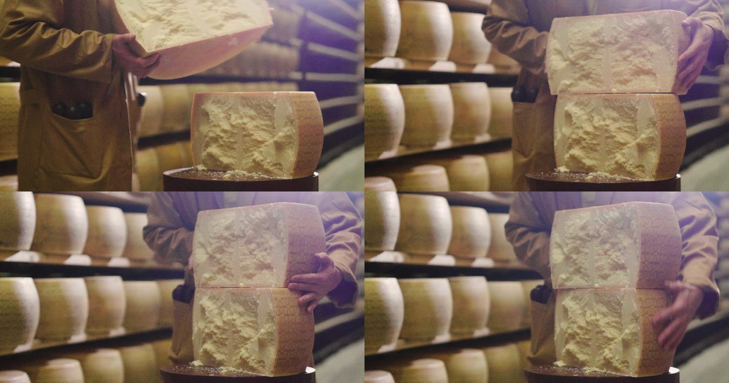 一名奶酪制造商正在检查帕尔马干酪