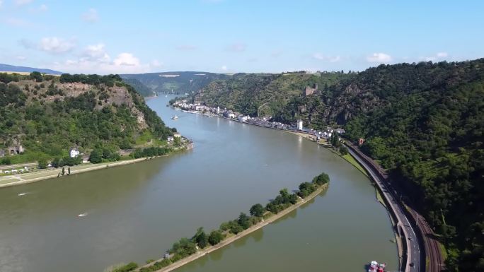 德国莱茵河航拍大景全景青山绿水